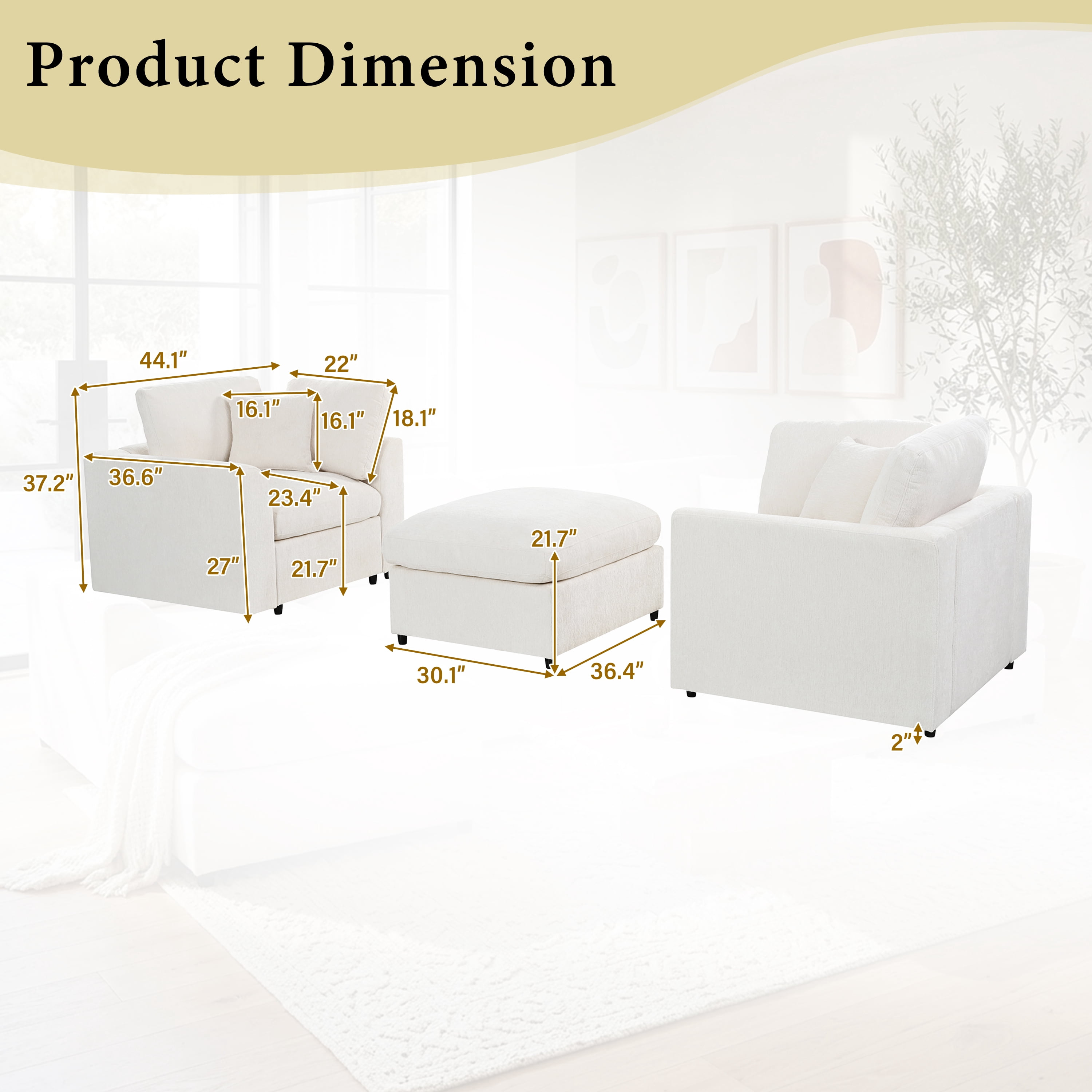 Howcool 3-Piece Modular Accent Chair with Movable Ottoman,Chenille Upholstered Lounge Chairs for Modern Living Room,Beige