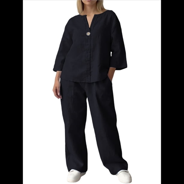 Conjunto de 2 Piezas de y Algodón para Mujer, con Cuello en V, Camisa de Larga Abotonada y Pantalón con Bolsillos Negro 4XL