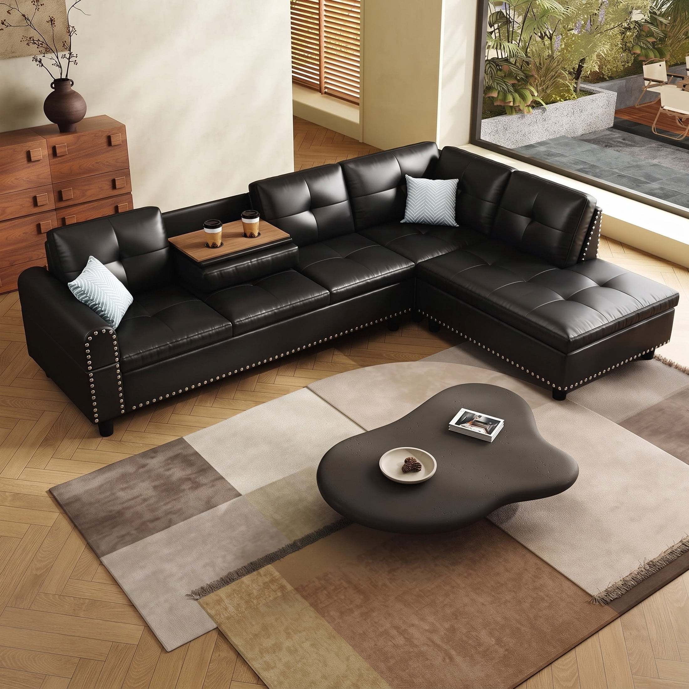 AENKYO 98" L-Shaped Sectional Sofa with Reversible Chaise and Cup Holders, Faux Leather, Black