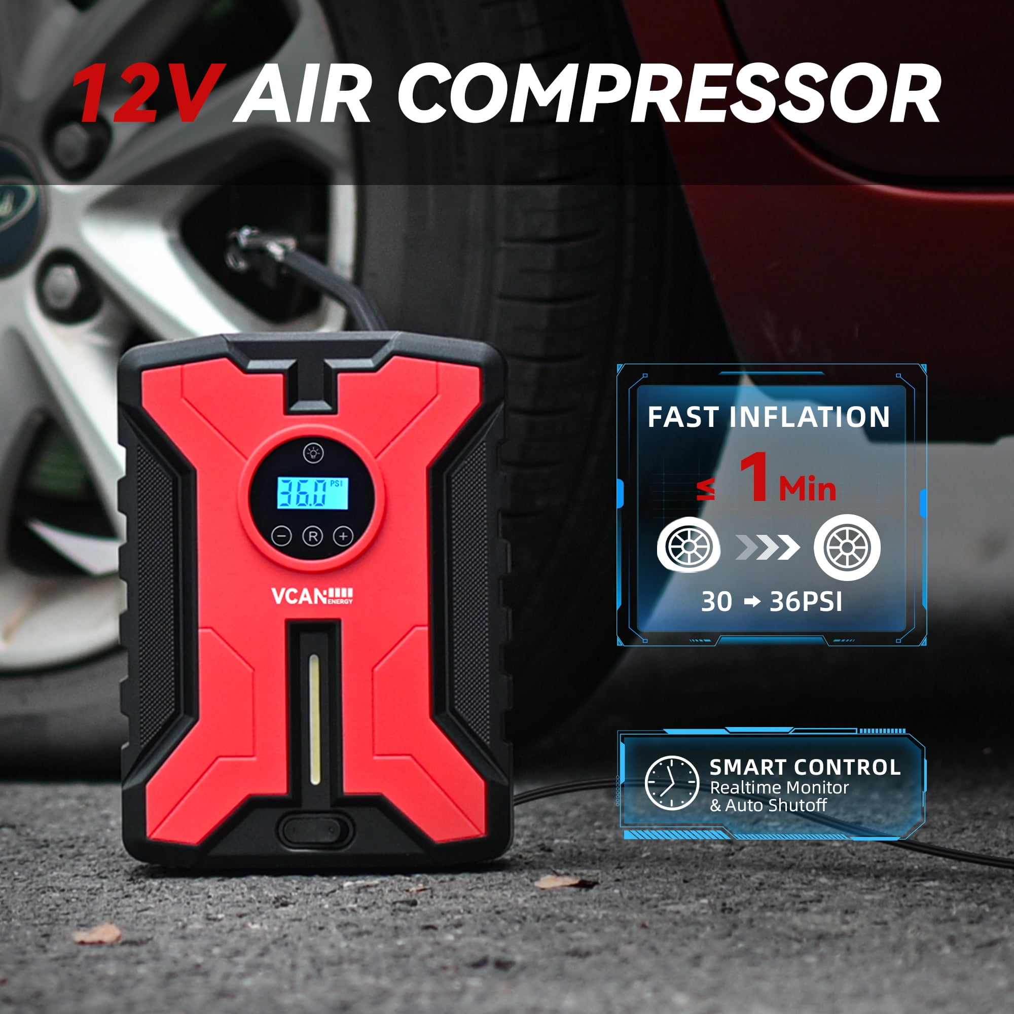 VCANENERGY Car Emergency Roadside Kit with Air Compressor, Jumper Cables, First Aid Kit, Snow Brush, Ice Scraper, Winter Vehicle Safety Kit