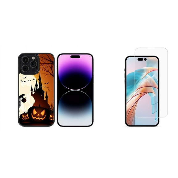Bemz Phone Case for iPhone 15 Pro Max with Tempered Glass Screen Protector, Lightweight Shockproof Scratch Resistant UV Print Protective TPU Cover (Halloween Haunted Castle)