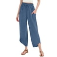 thumbnail image 2 of ZLBDYG Girls Pants Linen Summer Casual Capri Pant Drawstring Elastic High Waist Loung𝐞 Wide Leg Cropped Gauze Trouser with Pockets, 2 of 8