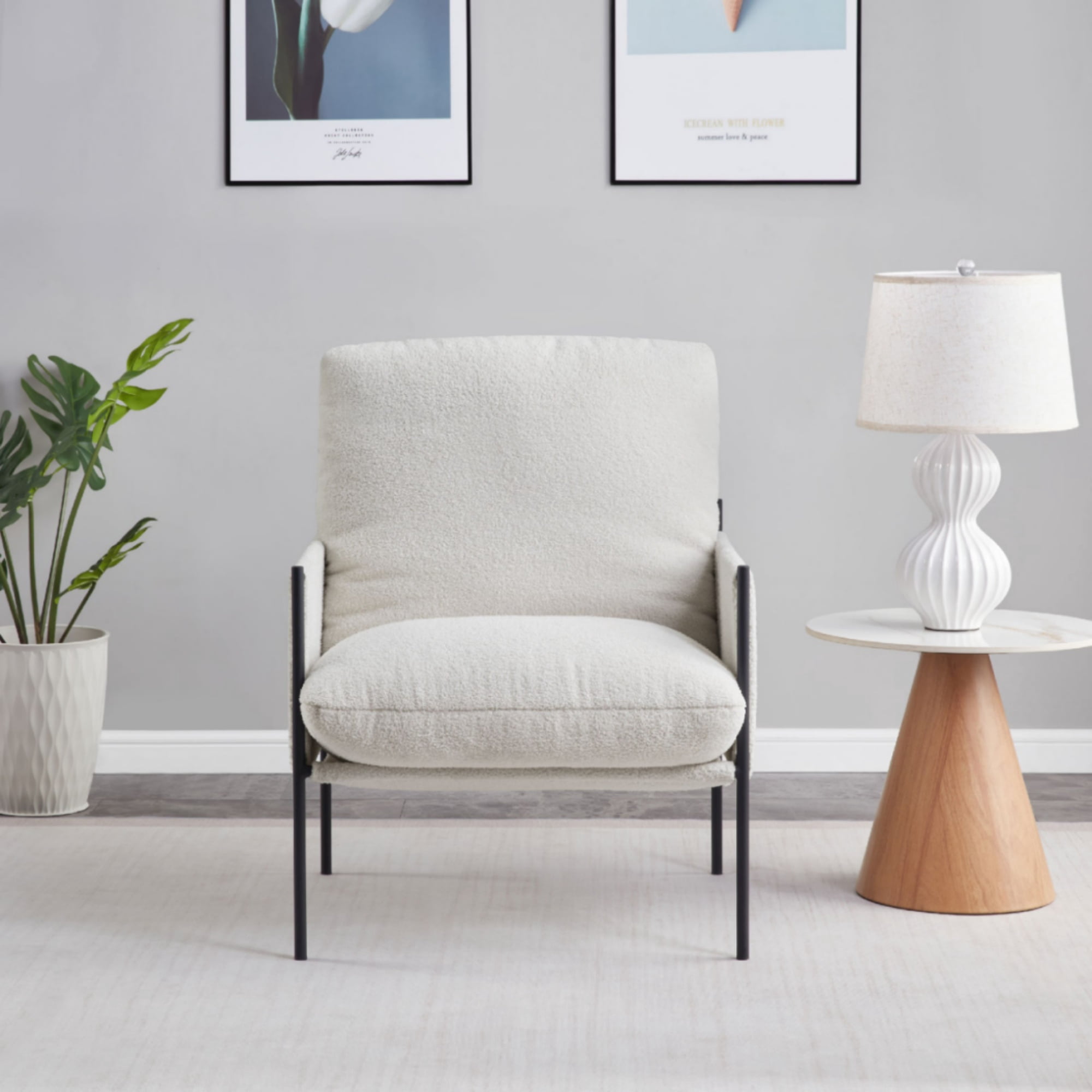 GARITIN Modern Accent Chair with Removable Cushion and Wood Armrests, Comfy Vanity Lounge Reading Chair with Metal Frame, Ergonomic Seating for Living Room Bedroom, White