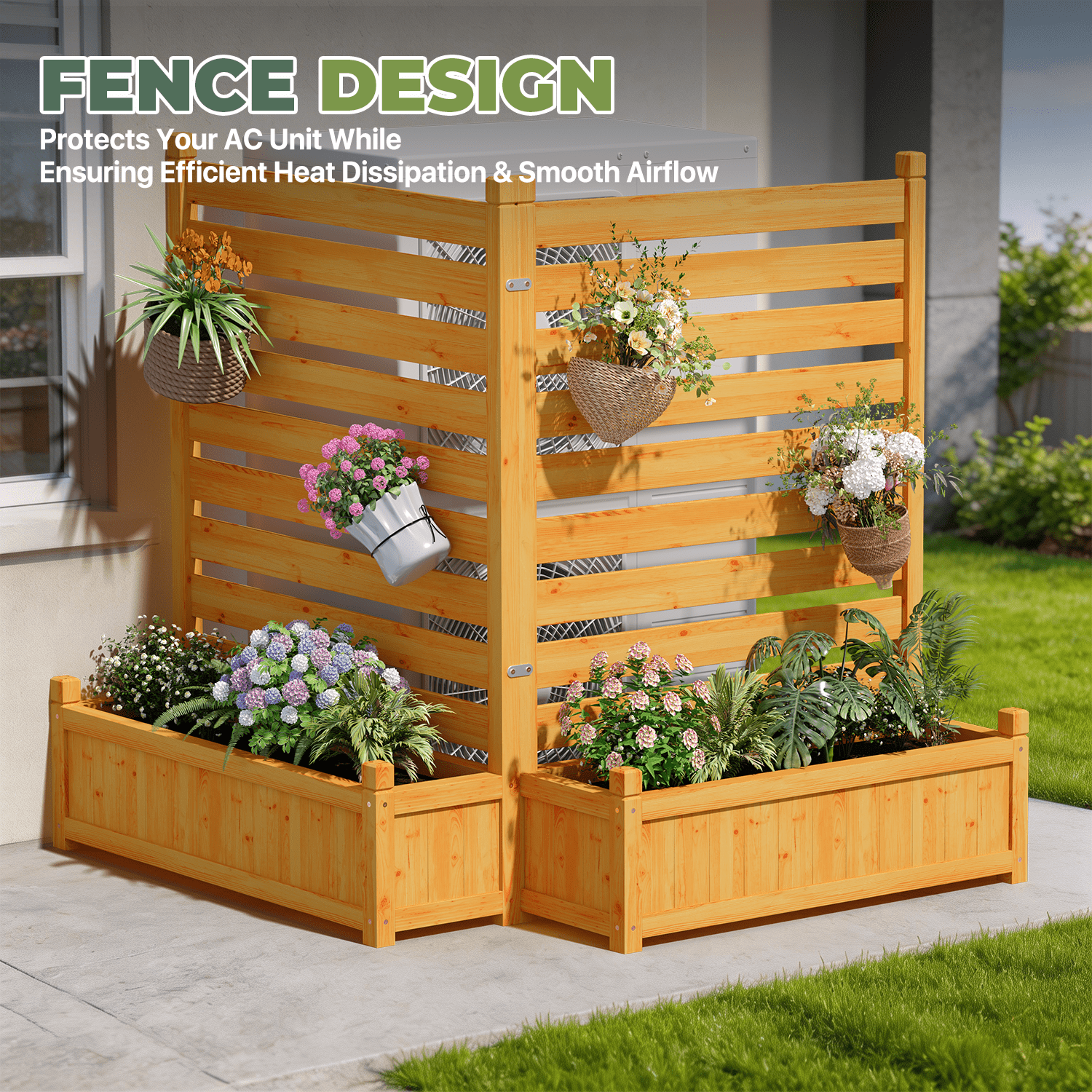 BaPiPro 2-Panel Wooden Planter Fence with Built-in Flower Boxes, Natural Wood Finish for Outdoor Privacy Screen