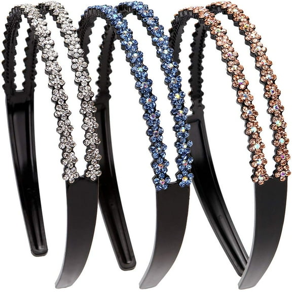 LinYooLi 3 Pack Fashion Rhinestone and Crystal Hard Headbands,Double Row Non-slip Teeth Hairband for Women (Silver+Gold+Light blue)