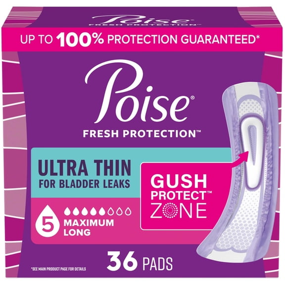 Poise Ultra Thin Incontinence Pads, 5 Drop Maximum Absorbency, Long Length, 36 Count