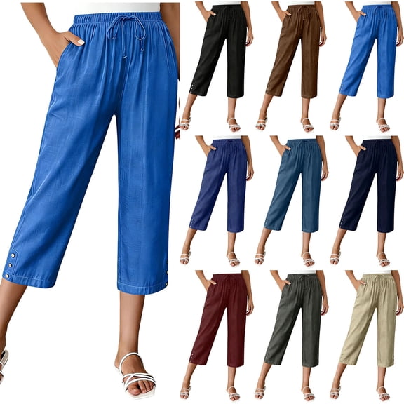 Cotton Linen Capris Women Elastic Waisted Comfy Wide Leg Pants Drawstring Casual Capri Pants with Pockets (XL, Sky Blue)