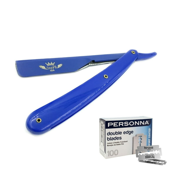 CUT THROAT SHAVETTE STRAIGHT SHAVING RAZOR RASOIR 100 PERSONNA BLADES FULL BLUE