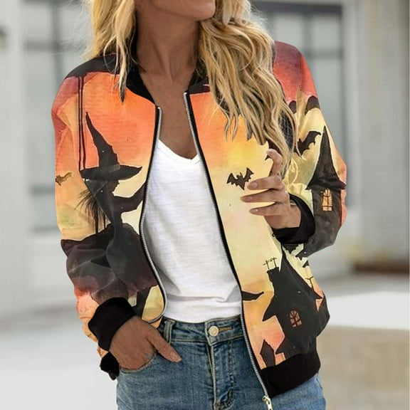 WXLWZYWL Womens Halloween Bomber Jacket Casual Full Zip Coats with Pocket Lightweight Long Sleeve Moto Biker Windbreaker