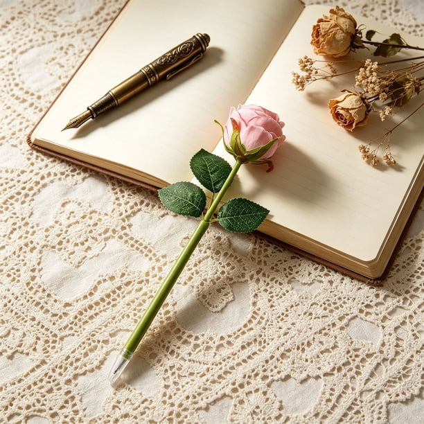 Bolígrafo de flor de rosa con tinta azul, bolígrafo decorativo de regalo para estudiantes, oficina, fiestas y decoración de escritorio, 25 cm