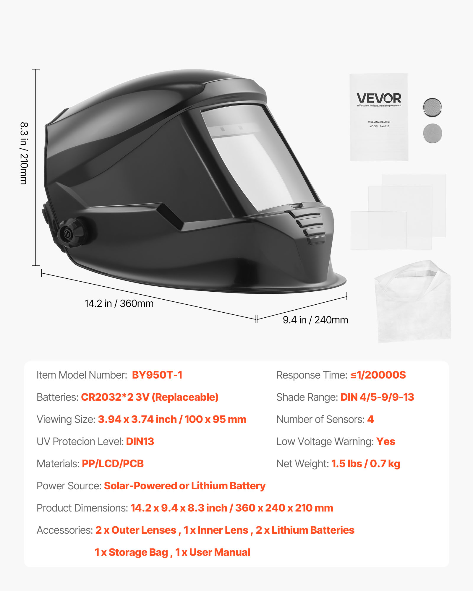 VEVOR Welding Helmet Auto Darkening, 3.94" x 3.74" True Color Welding Hood, 1/1/1/1 Solar-Powered Welder Mask 4 Arc Sensors,Wide Shade 4/5-9/9-13 for TIG MIG ARC Weld Grinding Cutting - METIS Series