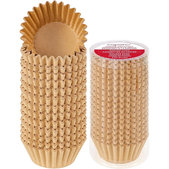 Caperci Heavy-Duty Natural Cupcake Liners - 150 Count Grease-Resistant Baking Cups, Odorless, No Pan Needed, Easy Release​(Natural)