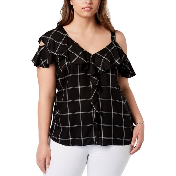 INC Blusa con hombros descubiertos a cuadros para mujer, negro, 3X
