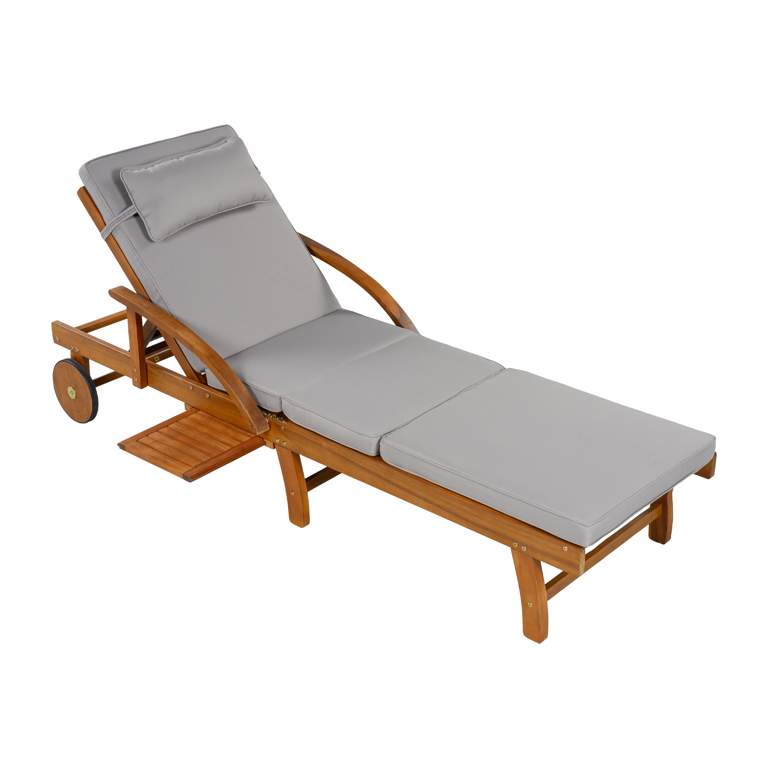 Adjustable Cushioned Lounge Chair, 77.5 Inch Outdoor Acacia Wood Frame Patio Recliner for Poolside, Brown