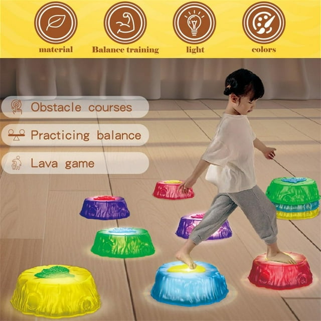 Bamboohart Light Up Balance Stepping Stones for Kids with vibrant LED lights, arranged on a wooden floor. A child steps on one of the stackable, non-slip plastic balance rocks designed for toddlers aged 1-5. Ideal for outdoor play, these lightweight stones promote creativity, whole-body movement, and educational fun.