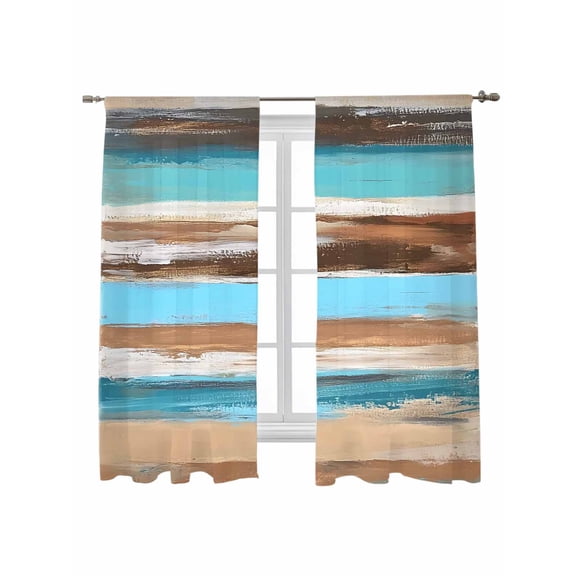 Abstract Board Sheer Curtains 72 Inch Long 2 Panels, Turquoise Brown Wood Grain Rustic Light Filtering Rod Pocket Semi Sheer Curtains, Sheer Voile Drapes for Living Room Bedroom, 52"x72"