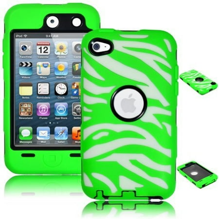 Black White Zebra Silicone iPod Touch 4 Case, Bastex Heavy Duty Hybrid Black Inner Case Neon Green and White Zebra Design Outer Silicone Cover for Apple iPod Touch 4 ()