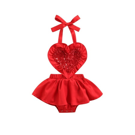

Biekopu Newborn Tie-up Halter Bodysuit Baby Girls Sleeveless Ruffled Sequined Love Pattern Romper