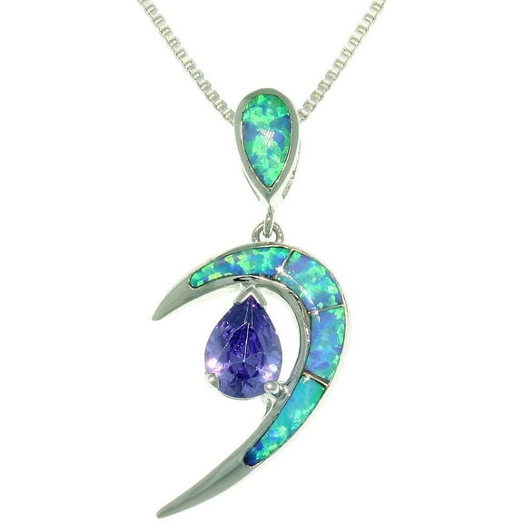Sterling Silver Vivid Crescent Created Opal and Cubic Zirconia Necklace