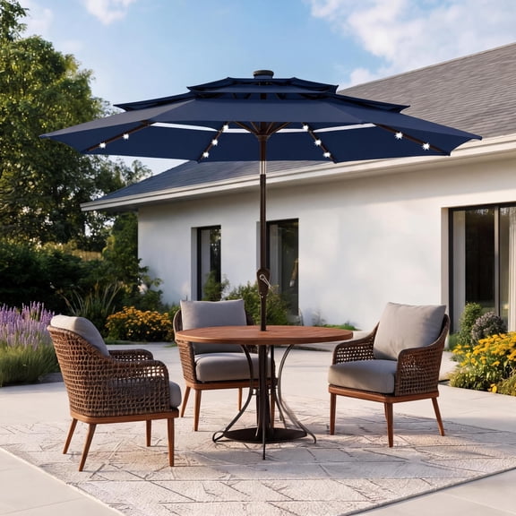 9ft Patio Umbrella with Lights, 3 Tier Outdoor Umbrella with 8 Sturdy Ribs, Adjustable Angle & Height, UV Resistant, Lighted Market Umbrella for Garden Deck Backyard Pool – Blue