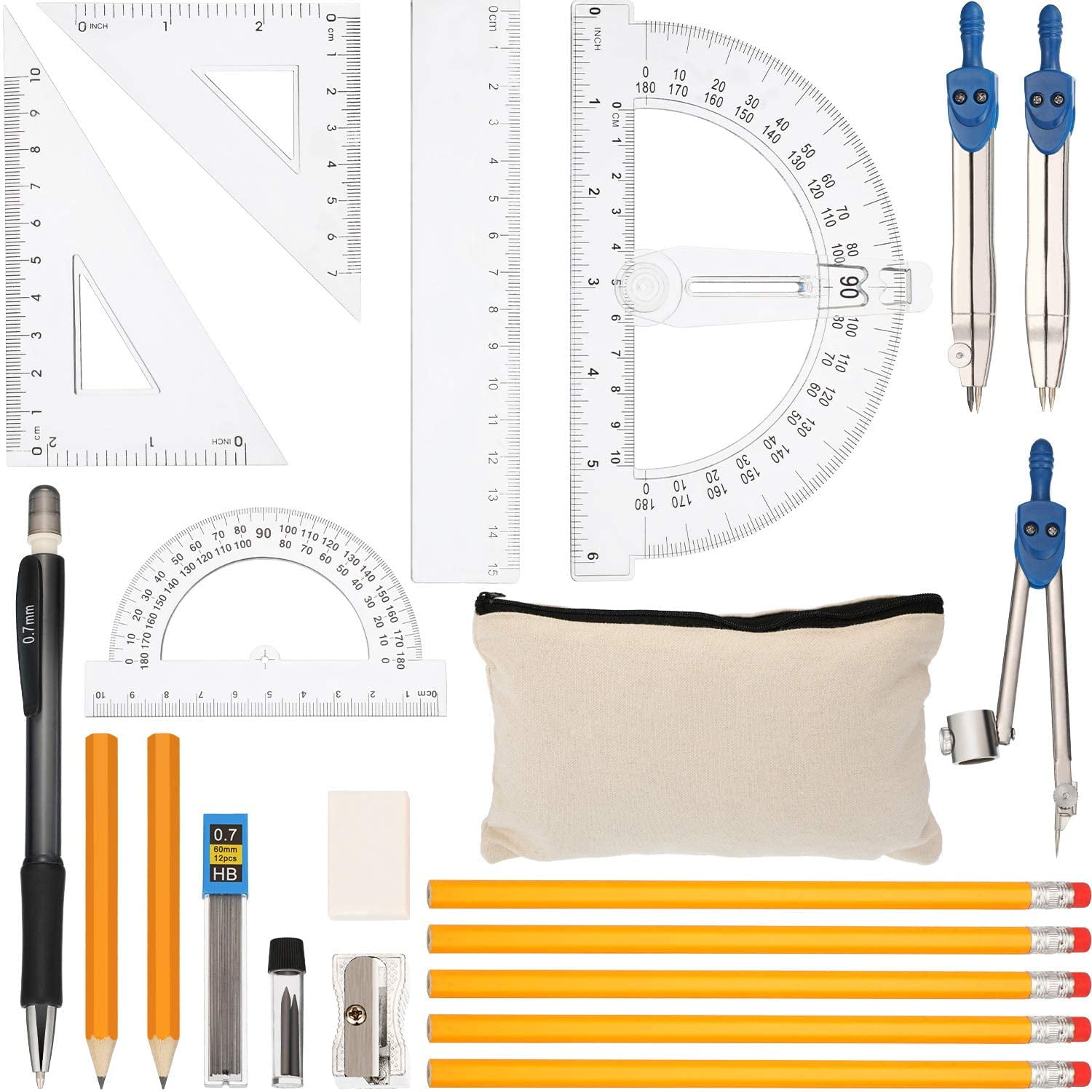 21 Pieces Geometry Compass Set Math School Set with Ruler, Compass Math