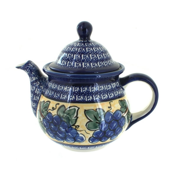 Blue Rose Polish Pottery Grapes Large Teapot with Cobalt Rim