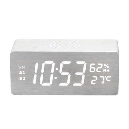 PLPPYFS Multi Functional Wireless Charging Digital Clock, 15W Fast Charge, Wooden LED Alarm Clock with Wireless Charging Temperature and Humidity Display for Bedroom Home Office