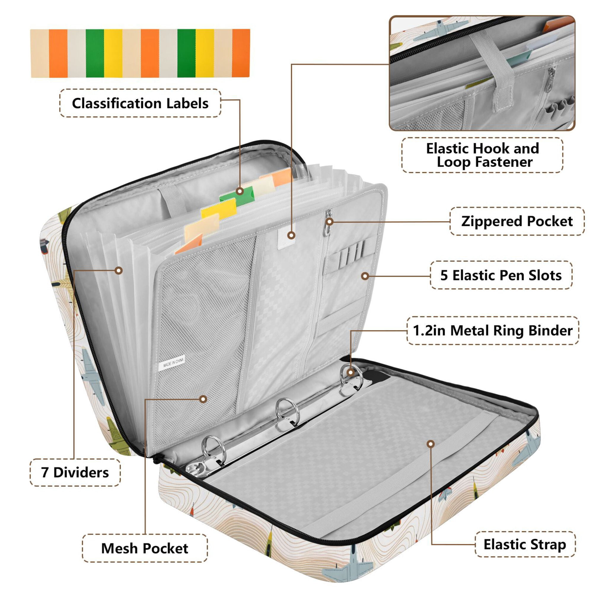 FORMRS Accordion File Folder A4 Size 7-Pocket Expanding Document Organizer Bag with 3 Ring Binder, Colorful Airplanes Pattern