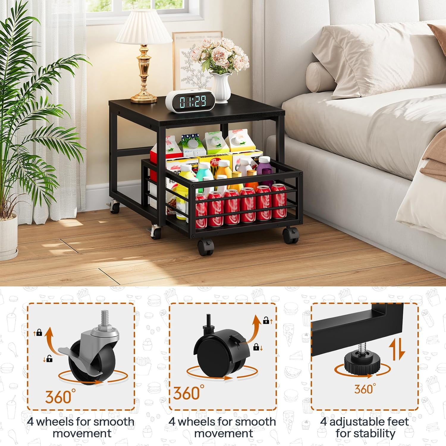 Mini Fridge Stand with Movable Storage Basket, Mini Fridge Cabinet with Wheels and Adjustable Feet, Sturdy Metal Frame, for Home, Apartment,Office, Dorm