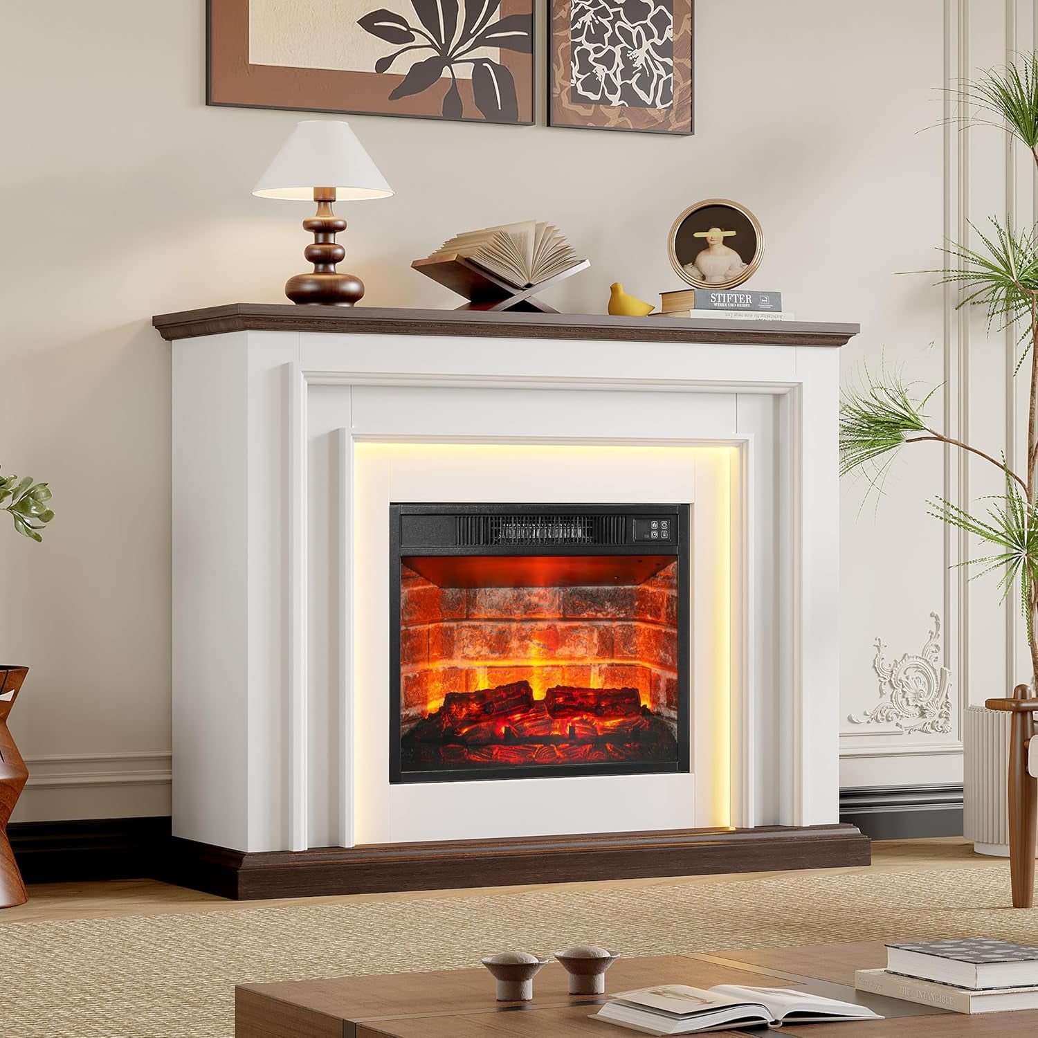 BOSHIRO 44-Inch Freestanding Electric Fireplace Heater with Mantel, Realistic LED Flame, Remote & Touch Control, 1400W, White & Brown