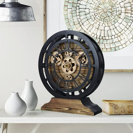 Vintage Wooden Black Wall Clock with Moving Gears, 10 Inch Farmhouse Desk Clock for Home Decor