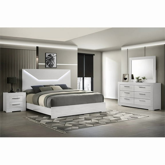 Blanca Modern Style LED Queen 4PC Bedroom Set Made With Wood in White