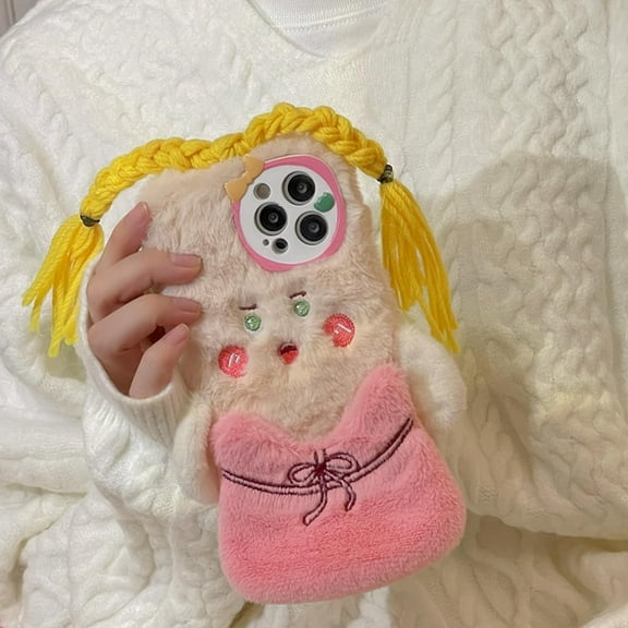 Cute Cartoon Plush Phone Case Compatible with iPhone 14, Funny 3D Furry Winter Warm Plush Spoof Yellow Braids Face Shockproof Phone Cover for Girls Women