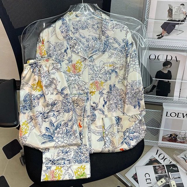 Pijamas De Seda De Manga Larga para Mujer, Traje De Pijama con Estampado De Flores, Seda De Hielo De Alta Calidad, Se Puede Usar Fuera De La Casa, Pijamas