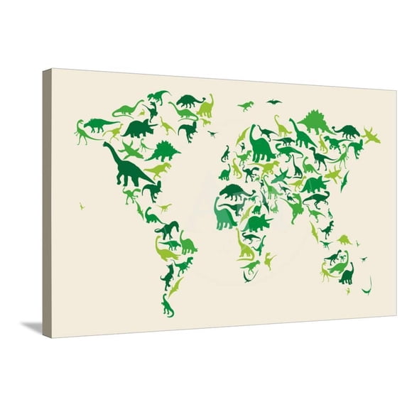 Dinosaur Map of the World Map, Stretched Canvas Wall Art by Michael Tompsett Sold by ArtCom
