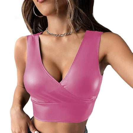 Sexy PU Faux Leather V-Neck Cropped Top Womens Lingerie Fashion High Street Sleeveless Vest Tank Tops Camis