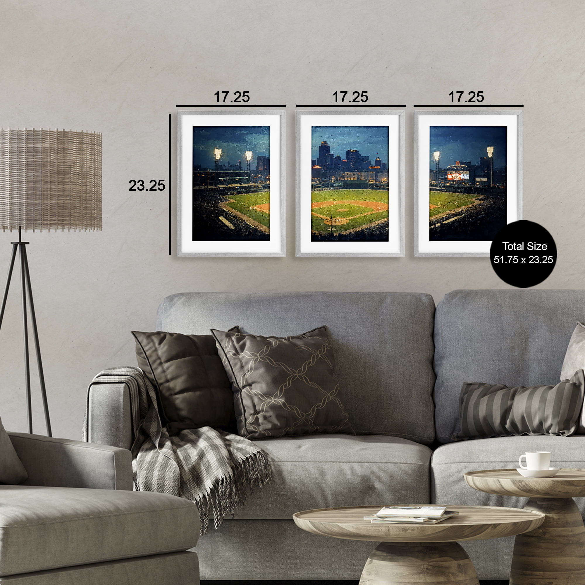 Stupell Industries Baseball Stadium Night View 3 Piece Gray Framed Print Under Glass Set, design by Arlington Prints