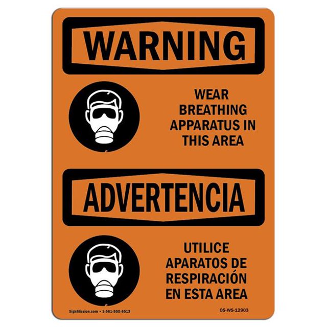 SignMission OS-WS-A-1824-L-12903 18 x 24 in. OSHA Warning Sign - Wear Breathing Apparatus Bilingual