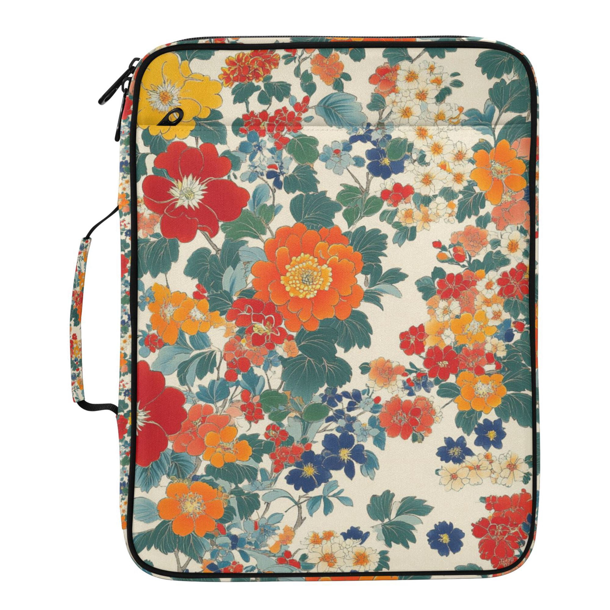 FORMRS Accordion File Folder A4 Size 7-Pocket Expanding Document Organizer Bag with 3 Ring Binder, Orange Japanese Flowers Pattern