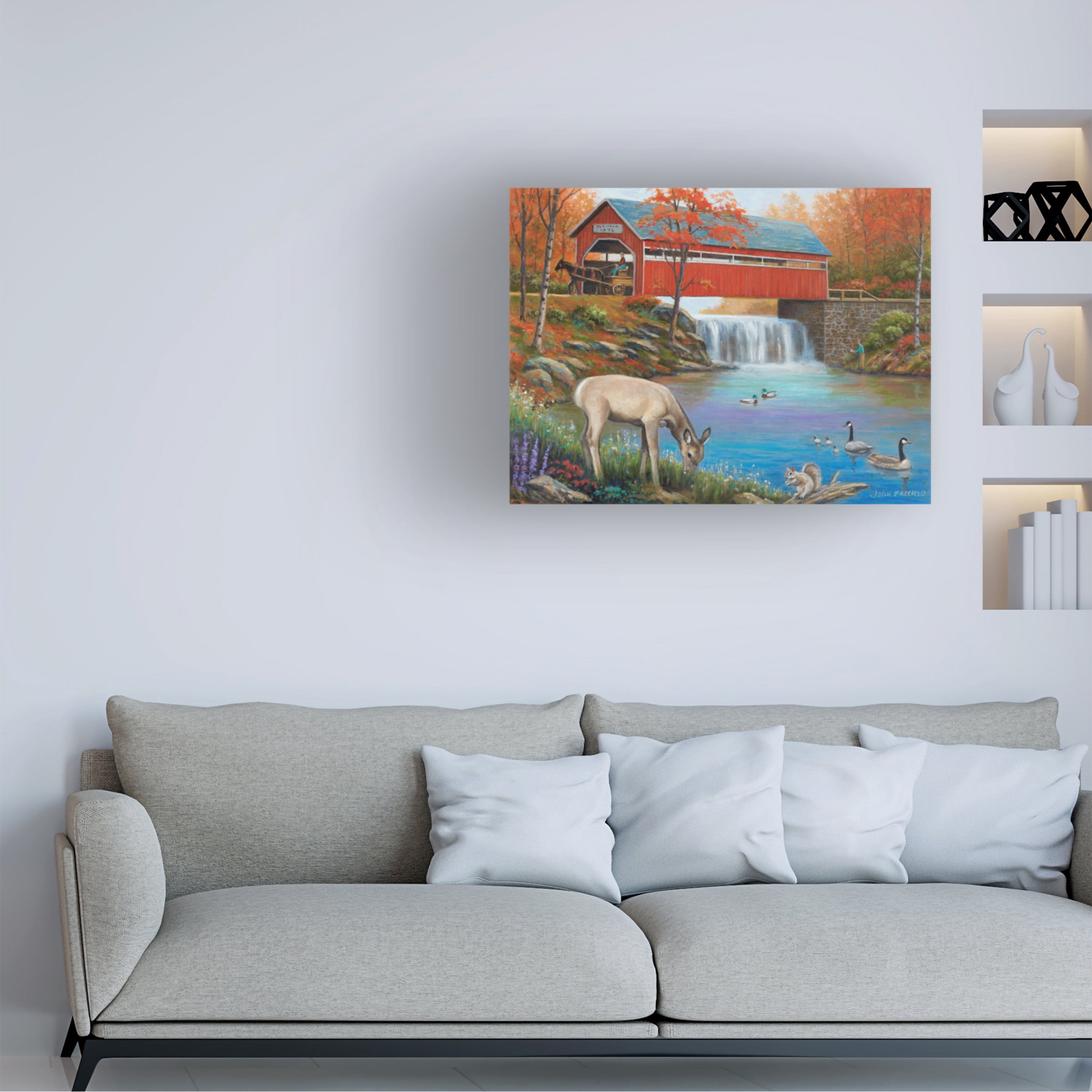 Canvas Wall Art - John Zaccheo 'Life by the Covered Bridge' Wall Art for Living Room, Bedroom, or Office Décor by Trademark Fine Art - 24 x 24 Inches