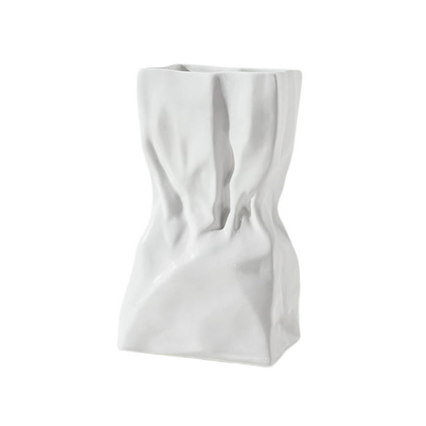 Nórdico Arrugado Cerámica Florero Maceta Maceta Artesanía Elegante Mesa Centro de mesa Ornamento para Entrada Interior Jardín Dormitorio Decoración 23cmx13cmx11.5cm Macarena Jarrón de ceramica