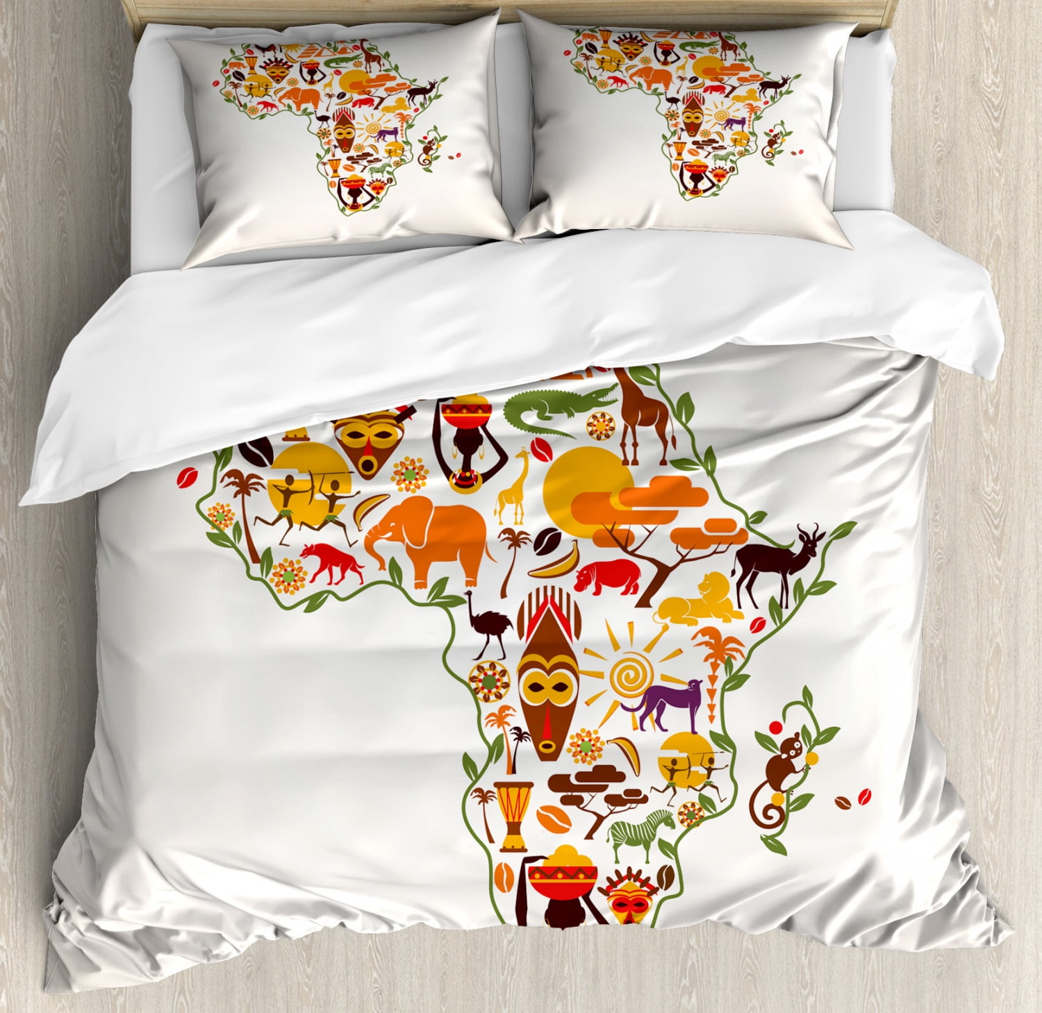 African Duvet Cover Set, Africa Travel Map Plan Traditional Objects