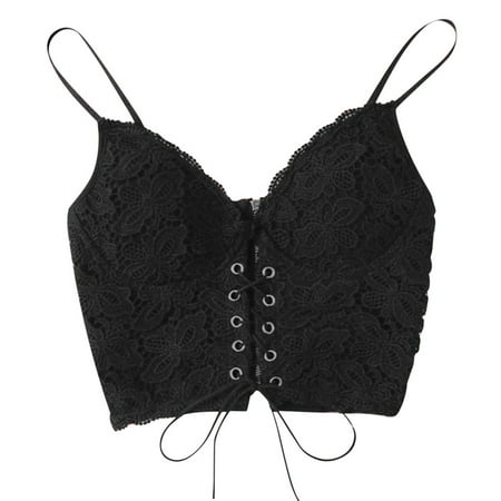 

JGGSPWM Women s Y2K Fairy Corset Eyelet Lace Up Sleeveless Spaghetti Strap Zip Back Crop Camisole Cami Top Vest Going Out Tops Black S