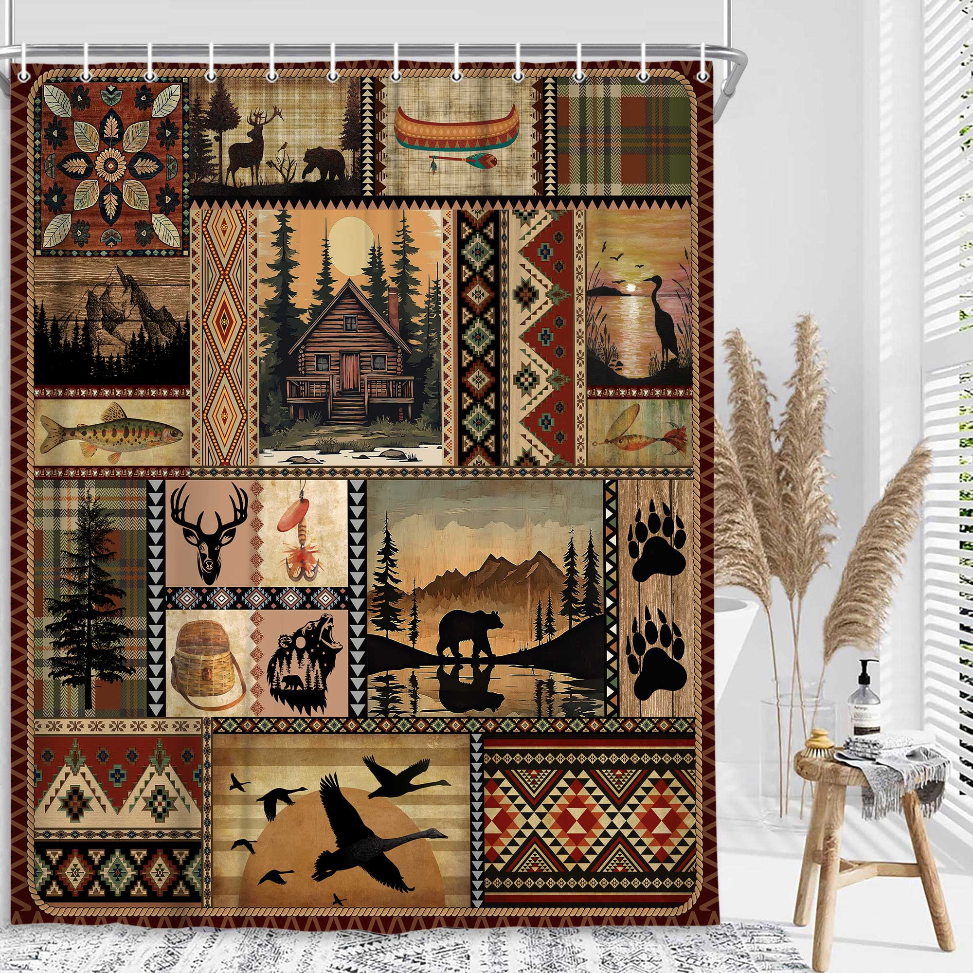 Cabin Shower Curtain, Rustic Cabin Lodge Fabric Bath Curtain, Bear Moose Farmhouse Lodge Wooden Board Cloth Shower Curtains Wild Animal Hunting Bathroom Accessories with Hooks, Tan Brown, 72X72in