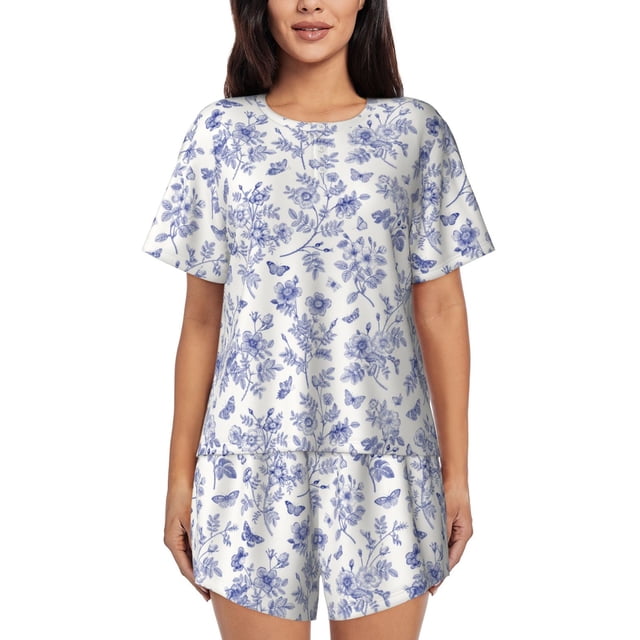 Xecao Floral Butterfly Pattern Women's Short Sleeve Pajama Set Soft Sleepwear Lounge Set with Button Front Top and Drawstring Shorts with Pockets-Large