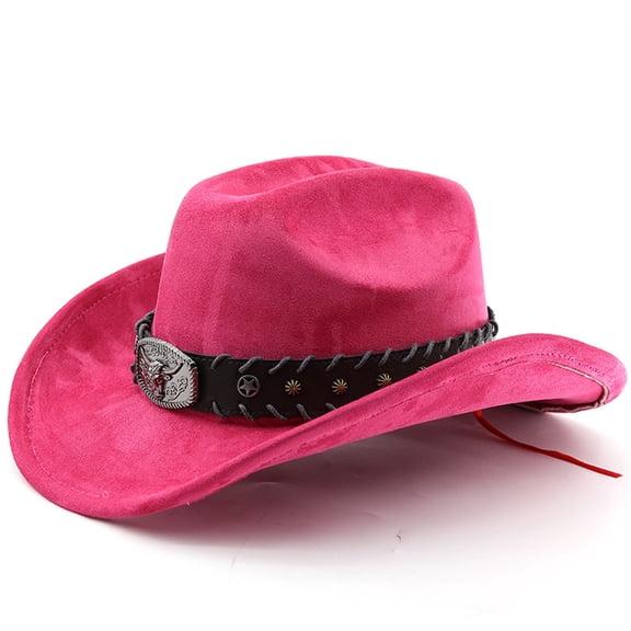 Men's Western Denim Curved Top Hat, Wool Big Brimmed British Jazz Fedora,Hot Pink,One Size