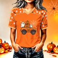 thumbnail image 3 of Women's V Neck Halloween Tops Short Sleeve Casual T-Shirts Funny Pumpkin Car Graphic Tees Flattering Blouses for Fall Holiday Party Everyday Activewear, 3 of 5