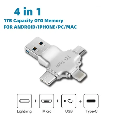 4 in 1 USB Flash Drive Memory Stick OTG Compatible For IOS iPhone Samsung Android PC, 1 TB Capacity