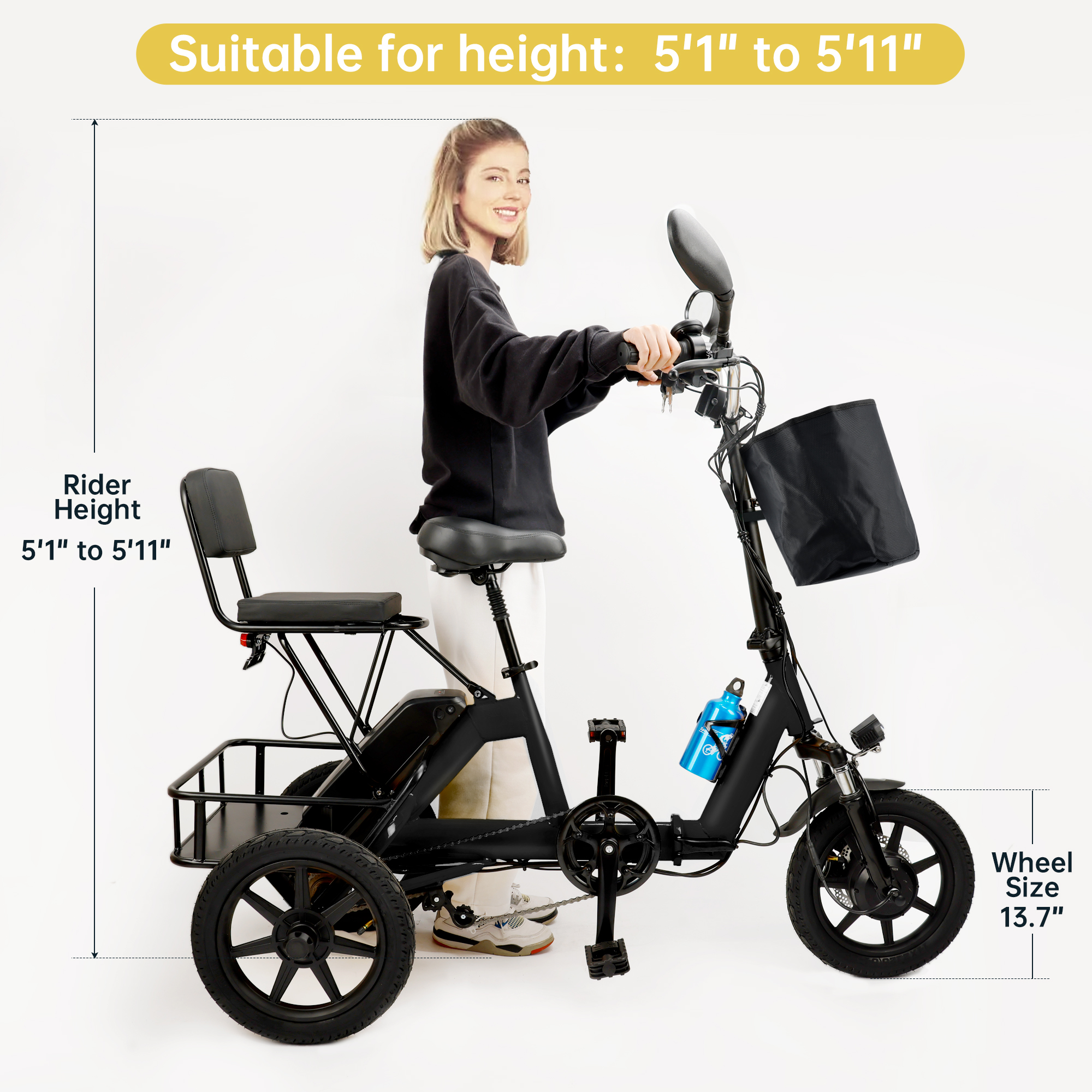 ARTUDATECH Foldable 3 Wheel Electric Tricycle 350W 48V Electric Trike with Front & Rear Basket for Men Women Adult Senior Black UL2849
