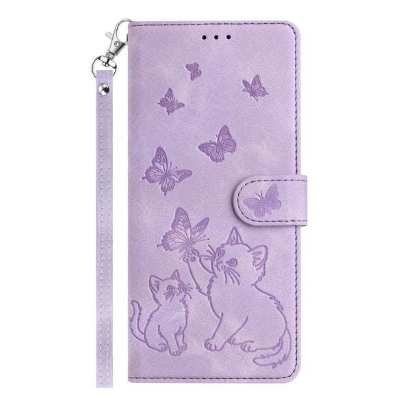Allytechgroup for iPhone 17 Case Wallet, Flip Cover with Cards Slots & Lanyard Stand RFID Blocking Stylish Butterfly Cat Embossed Phone Case Cover for Apple iPhone 17, Purple